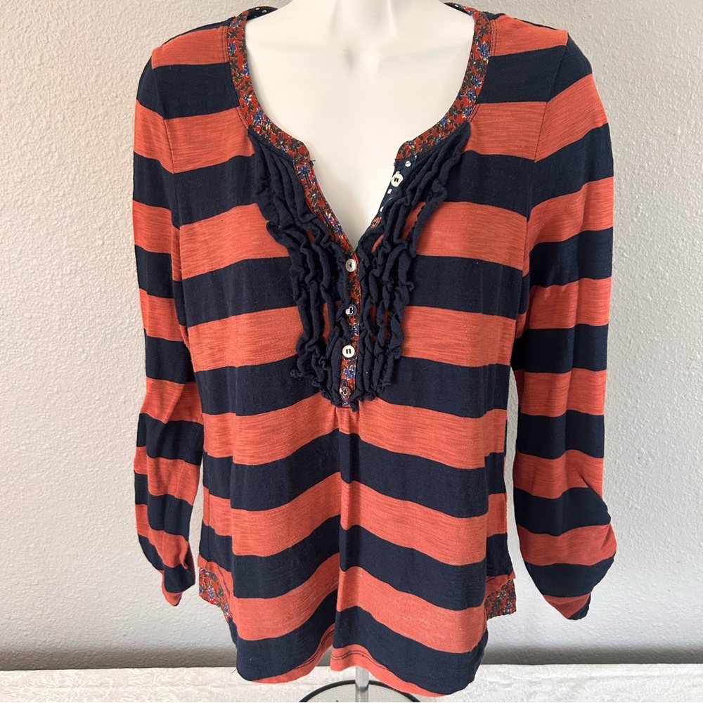 Anthropologie Postmark Orange and Navy Striped Long Sleeve Top Medium
